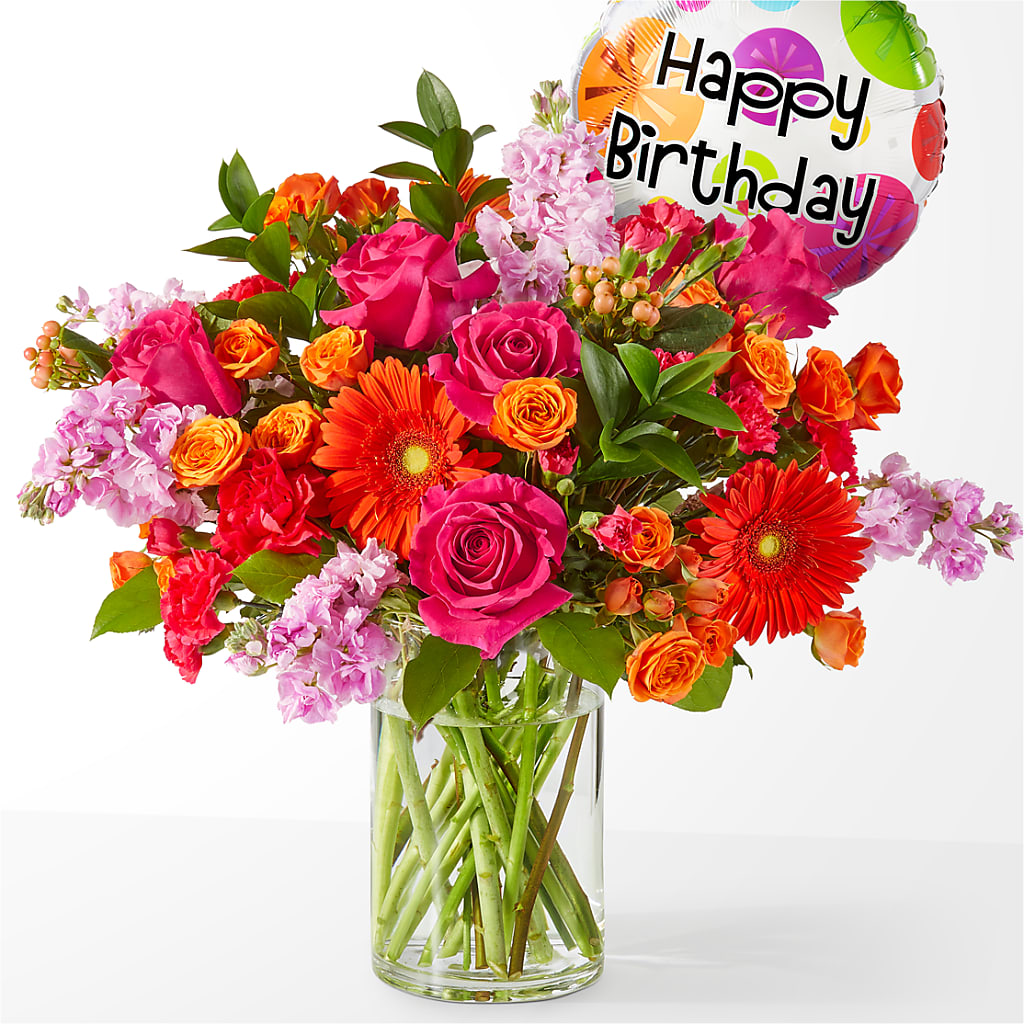Fiesta Bouquet with Birthday Balloon – Awesome Blossom Flowers And Gifts, Citrus Heights CA