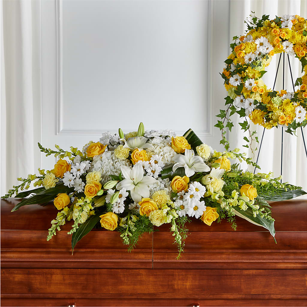 Golden Harmony Casket Spray – Awesome Blossom Flowers And Gifts, Citrus Heights CA