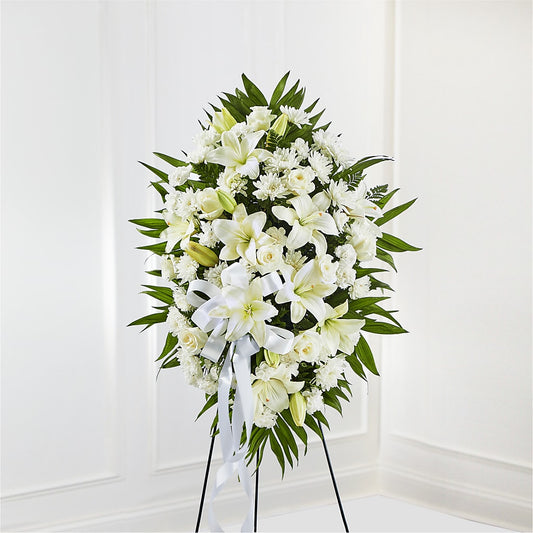 Exquisite Tribute Standing Spray-White Ribbon – Awesome Blossom Flowers And Gifts, Citrus Heights CA