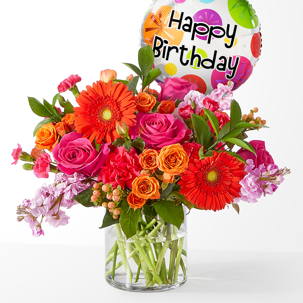 Fiesta Bouquet with Birthday Balloon –  Awesome Blossom Flowers And Gifts, Citrus Heights CA