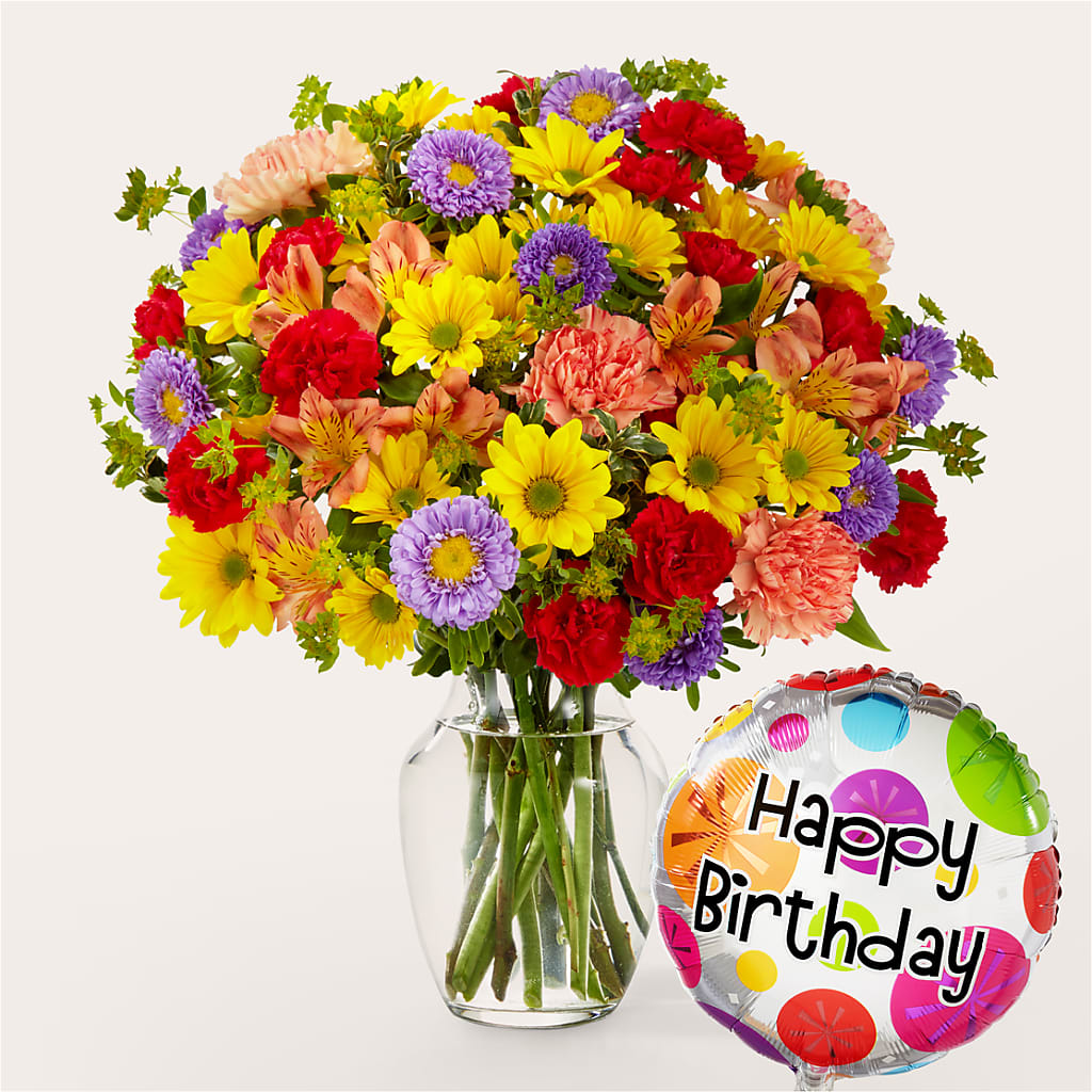 Kaleidoscope Bouquet with Birthday Balloon –  Awesome Blossom Flowers And Gifts, Citrus Heights CA