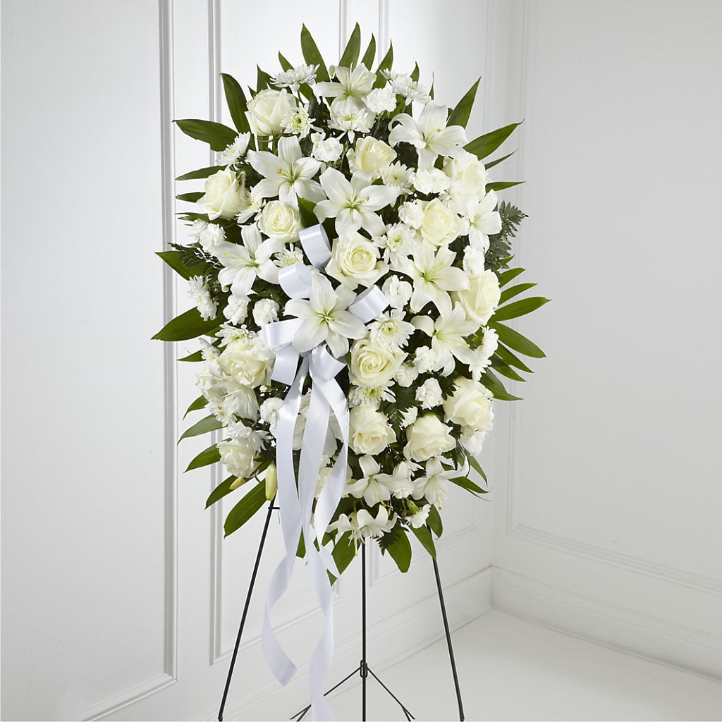 Exquisite Tribute Standing Spray-White Ribbon –  Awesome Blossom Flowers And Gifts, Citrus Heights CA