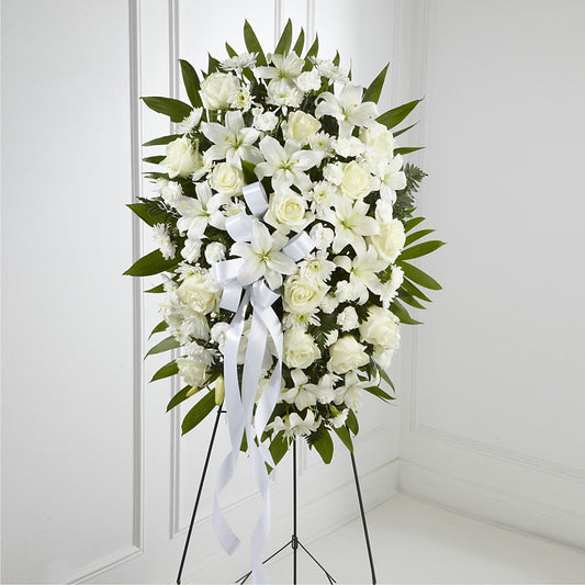 Exquisite Tribute Standing Spray-White Ribbon –  Awesome Blossom Flowers And Gifts, Citrus Heights CA