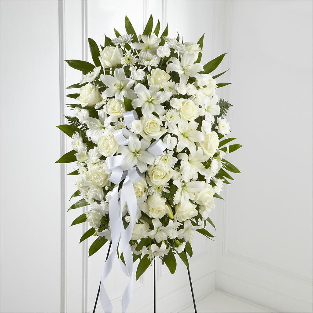 Exquisite Tribute Standing Spray-White Ribbon –  Awesome Blossom Flowers And Gifts, Citrus Heights CA