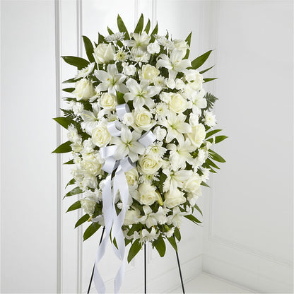 Exquisite Tribute Standing Spray-White Ribbon –  Awesome Blossom Flowers And Gifts, Citrus Heights CA