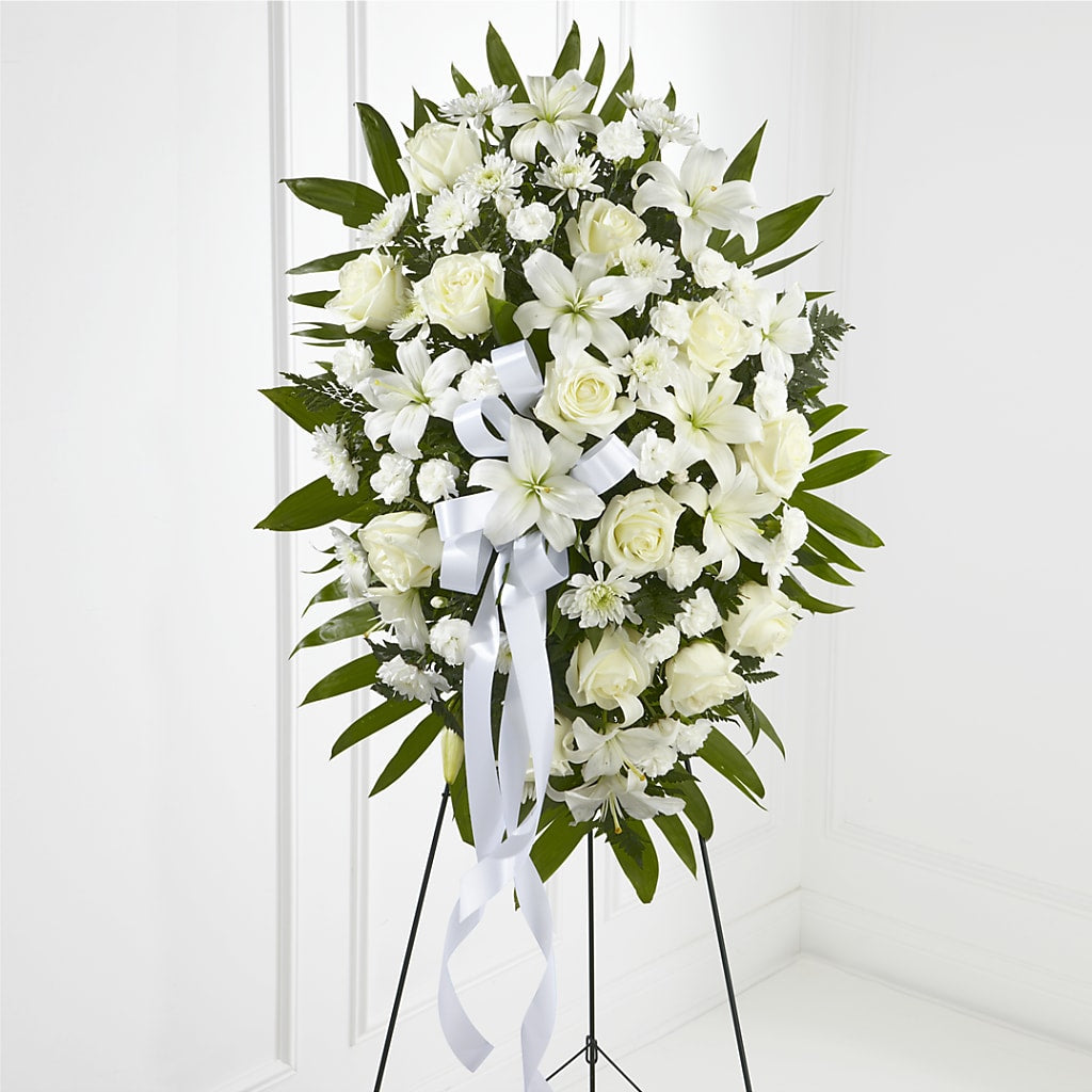 Exquisite Tribute Standing Spray-White Ribbon –  Awesome Blossom Flowers And Gifts, Citrus Heights CA