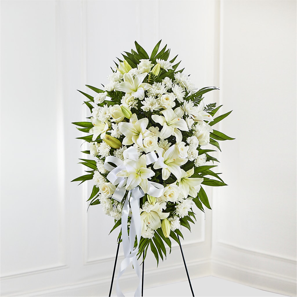 Exquisite Tribute Standing Spray-White Ribbon –  Awesome Blossom Flowers And Gifts, Citrus Heights CA